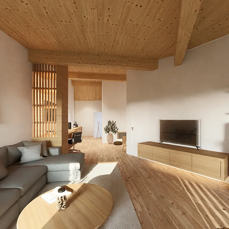 Rendering einer Dachgeschosswohnung in Thalgau. Wohnzimmer im Bild