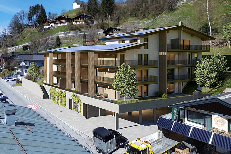 Wohnanlage Wohnen am Sonnhof in Taxenbach mit großzügigen Terrassen, Balkonen und Carports.