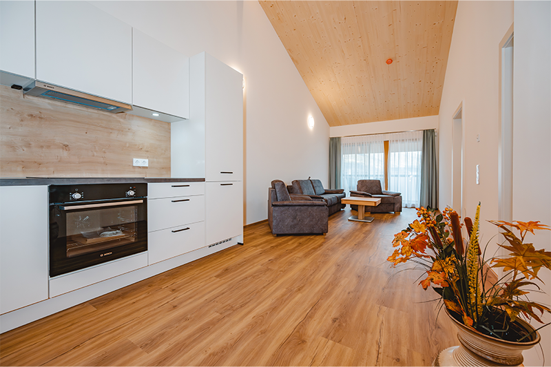 Moderne Wohnküche mit offenem Grundriss und hochwertiger Ausstattung in einer Eigentumswohnung.