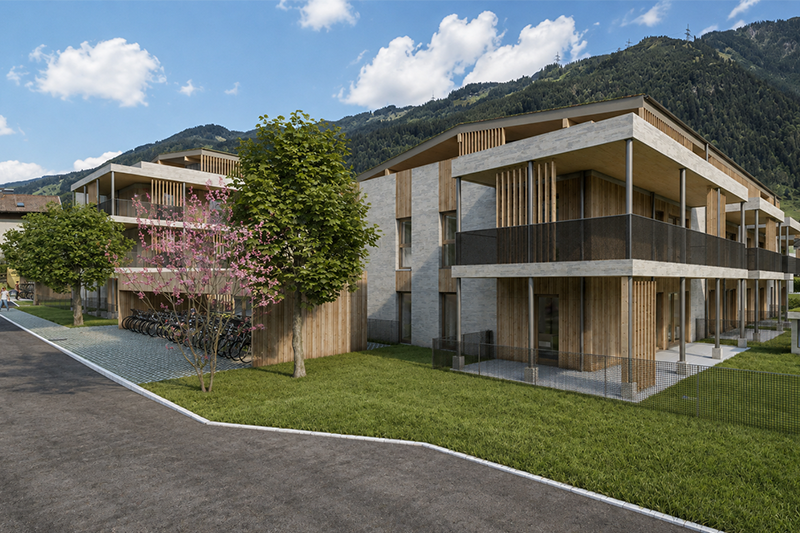 Moderne Wohngebäude des Projekts Holz im Glück in Bruck