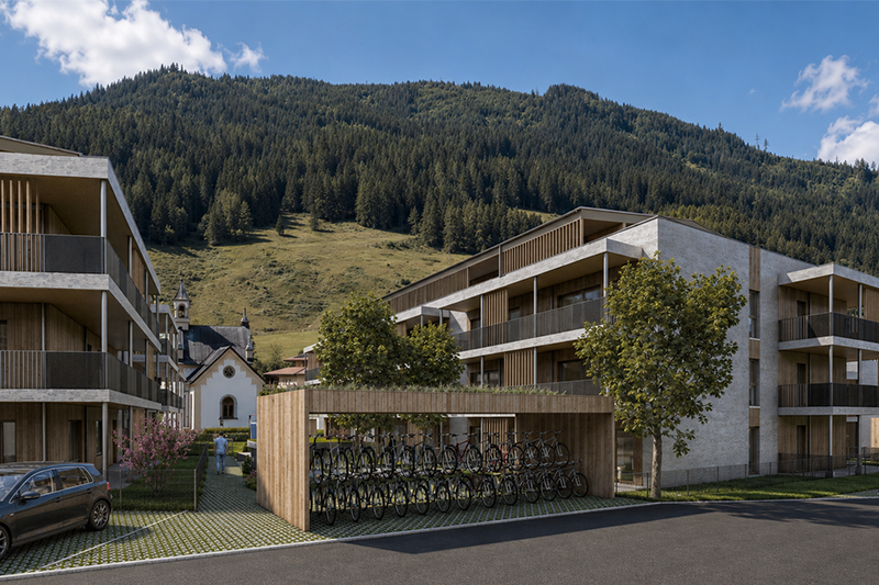 Wohnanlage Holz im Glück in Bruck mit überdachtem Fahrradabstellplatz