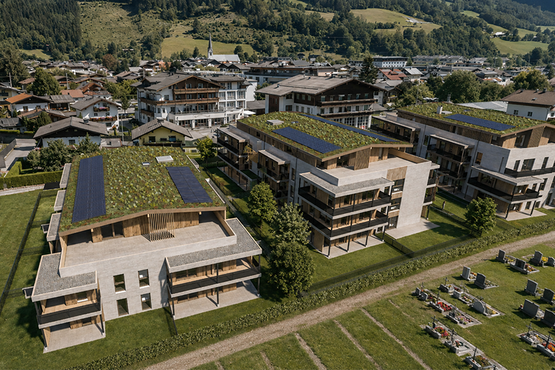 Wohnprojekt Holz im Glück in Bruck an der Großglocknerstraße aus der Vogelperspektive