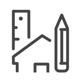 Zeichnung von einem Lineal, einem Haus und einem Bleistift