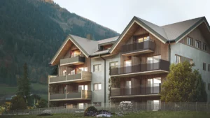 Aussenvisualisierung der Wohnanlage Goldegg mit Holzfassade